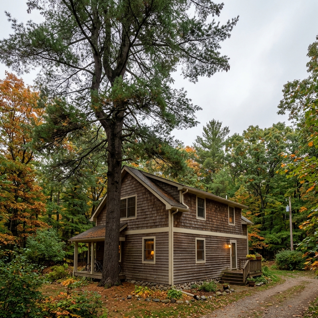 Before — Hazardous 70ft Pine Removed Beside A-Frame Home