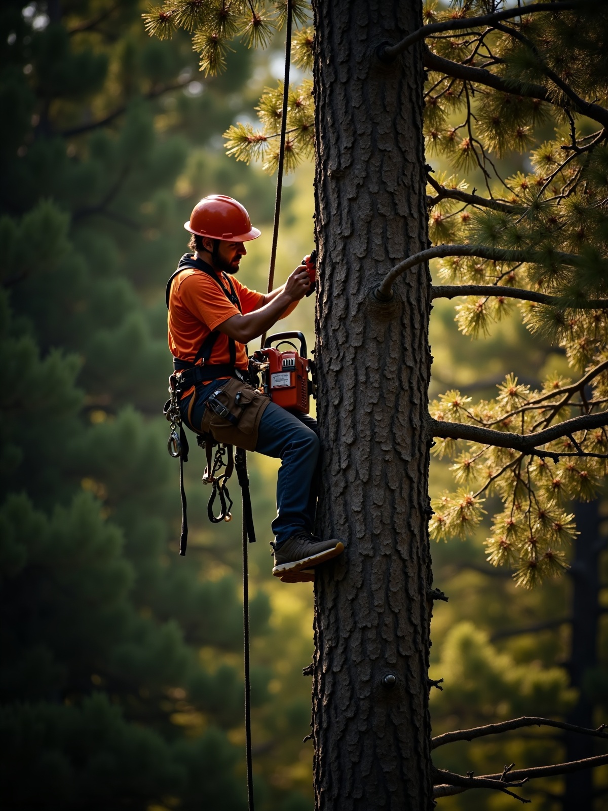 MHM Tree Services climber working safely high in a Northern Michigan pine